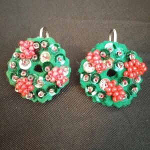 vintage handmade felt and beaded holly berry wreath screw on (not pierced)